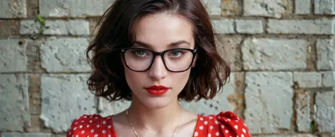 score_9,score_8_up,score_7_up BREAK young woman,red dress,large_white_polka_dot,brunette,short hair,red lipstick,black-framed_eyewear,<lora:AmateurStyle_v1_PONY_REALISM:0.45>,highly detailed,detailed skin,depth of field,film grain,amateur