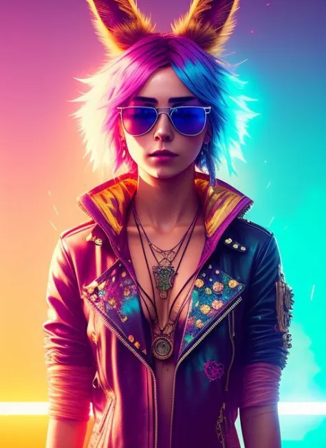 swpunk style,
A stunning intricate full color portrait of an anthropomorphic bunny woman wearing sunglasses,
synthwave with pain...