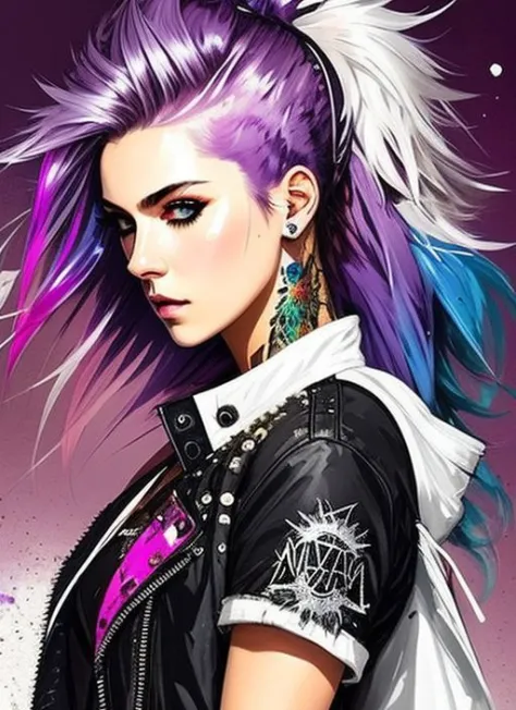 swpunk style half body portrait of a woman in a white crop top and white jacket and jean shorts, with purple hair, splatter, highly detailed, fine detail, intricate