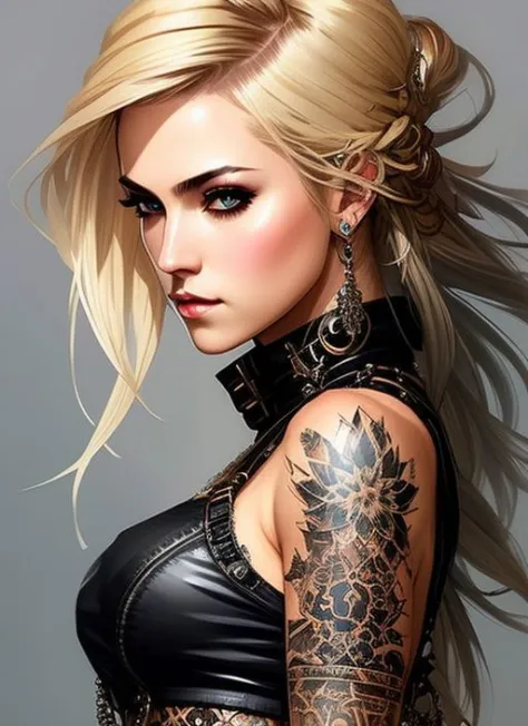 swpunk style half body portrait of a woman in a black croptop and black skirt, with blonde hair, tattoos, trending on artstation, highly detailed, fine detail, intricate