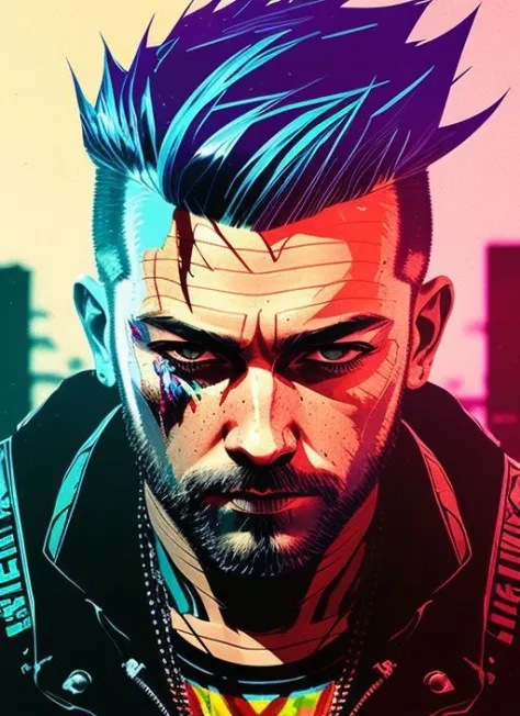 swpunk style,
A stunning intricate full color portrait of a grizzled man with a faux hawk,
synthwave lightgeo and light rays, 
wearing a black leather vest,
epic character composition,
thick strokes with paint splatters,
by ilya kuvshinov, alessio albi, ni...