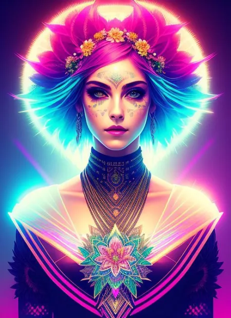 (swpunk style:1.1) (symmetry:1.1) (portrait of floral:1.05) a woman as a beautiful synthwave goddess, piercing green eyes, (light rays, light bands, lightgeo:1.1), beautiful intricate filegrid facepaint, intricate, elegant, highly detailed