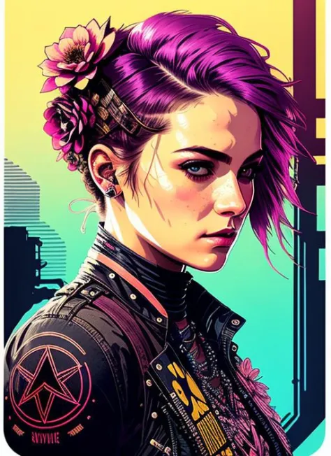 swpunk style synthwaveCharlie Bowater realistic Lithography sketch portrait of a woman, flowers, [gears], pipes, dieselpunk, multi-colored ribbons, old paper texture, highly detailed