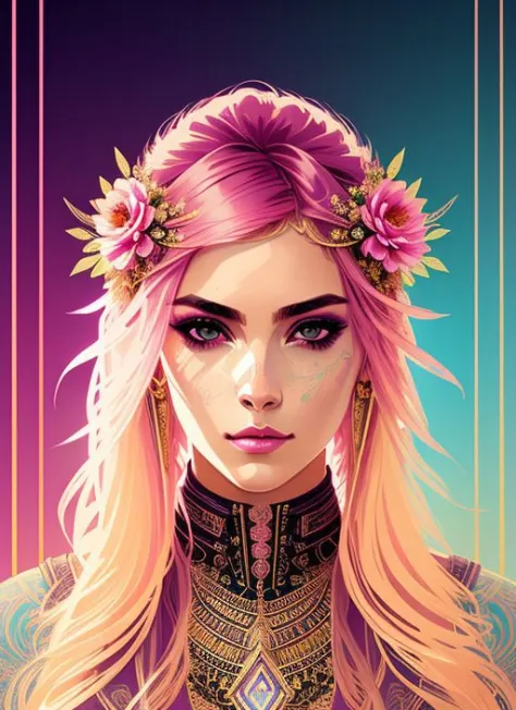 swpunk style synthwave(symmetry:1.1) (portrait of floral:1.05) a woman as a beautiful goddess, (assassins creed style:0.8), pink and gold and opal color scheme, beautiful intricate filegrid facepaint, intricate, elegant, highly detailed, digital painting, ...