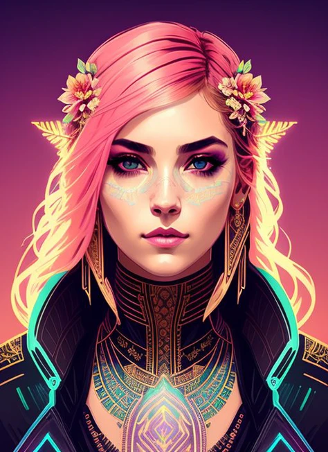 Synthwave im Swpunk-Stil(Symmetrie:1.1) (Porträt von Blumen:1.05) eine Frau als schöne Göttin, (Assassins Creed-Stil:0.8), Farbschema aus Pink, Gold und Opal, beautiful kompliziert filegrid facepaint, kompliziert, elegant, sehr detailliert, digitale Zeichnung, artstation, Konzeptkunst, Glatt, scharfer Fokus, Illustration, Kunst von Greg Rutkowski und Alphonse Mucha, 8k