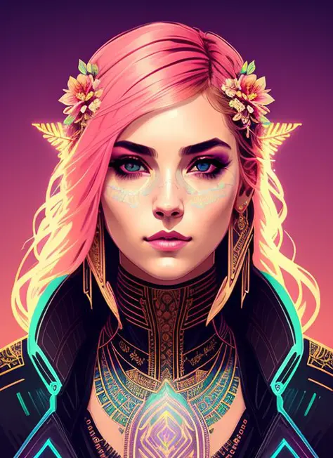 swpunk style synthwave(symmetry:1.1) (portrait of floral:1.05) a woman as a beautiful goddess, (assassins creed style:0.8), pink...