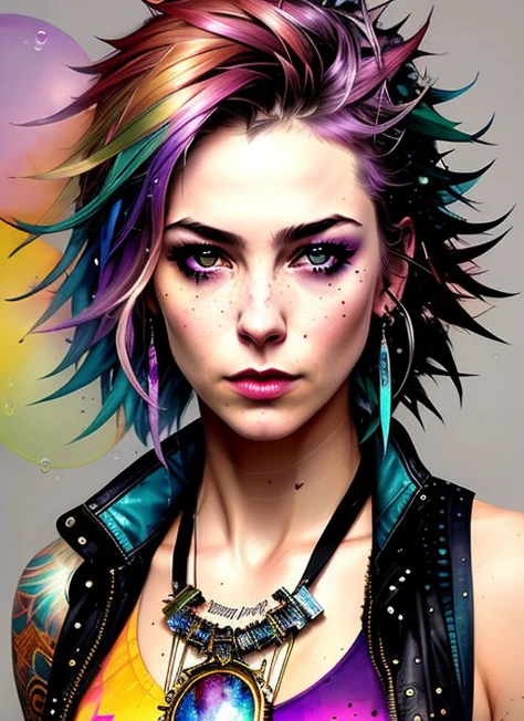 swpunk style drunken beautiful woman as delirium from sandman, (hallucinating colorful soap bubbles), by jeremy mann, by sandra chevrier, by dave mckean and richard avedon and maciej kuciara, punk rock, tank girl, high detailed, 8k