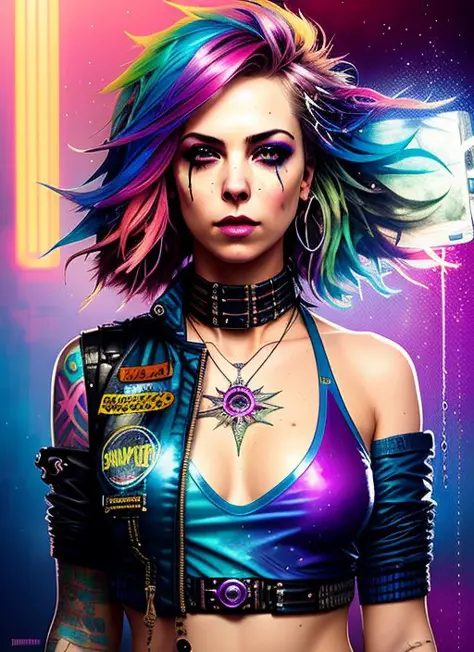 swpunk style synthwavedrunken beautiful woman as delirium from sandman, (hallucinating colorful soap bubbles), by jeremy mann, by sandra chevrier, by dave mckean and richard avedon and maciej kuciara, punk rock, tank girl, high detailed, 8k