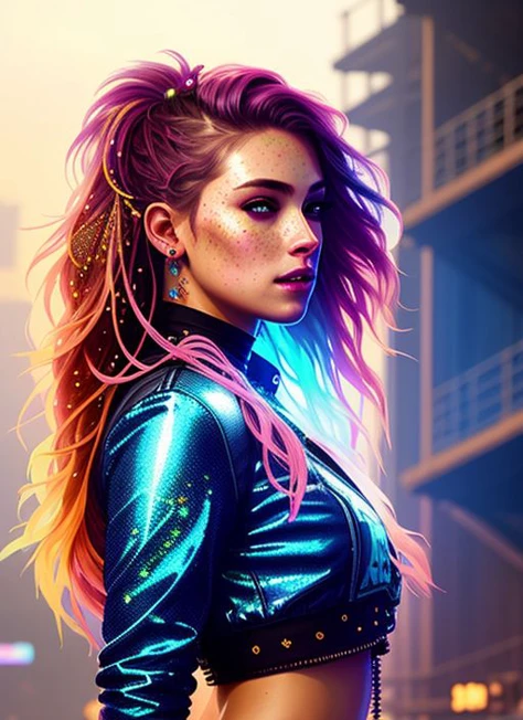 swpunk style synthwavephotorealistic painting ((full body)) portrait of ((stunningly attractive)) a woman at a music festival, ((perfect feminine face)), (+long colorful wavy hair), (+glitter freckles), glitter, wearing a dress, intricate, 8k, highly detailed, volumetric lighting, digital painting, intense, sharp focus, art by artgerm and rutkowski and alphonse mucha, cgsociety