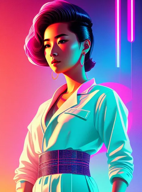 synthwave,  full body portrait of a beautiful young Mongolian lady, short hair, (sci-fi:1.2), masterpiece, intense shadows, ambient light, illustration, (thick outlines:1.2),