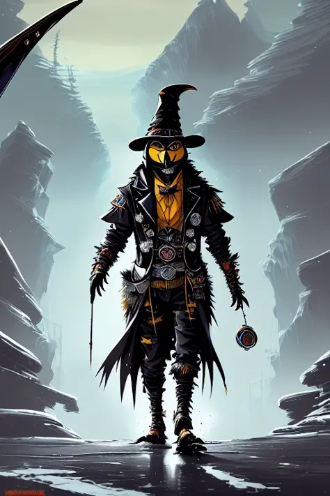 paint splatters, (((Anthropomorphic witchdocter penguin))), full body view,  Siberian forest background, 
a highly detailed epic cinematic concept art , rim lit, style Warwick Goble Daisuke Moriyama