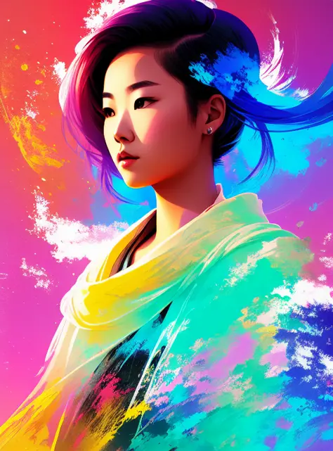 paint splatters,  full body portrait of a beautiful young Mongolian lady, short hair, (sci-fi:1.2), masterpiece, intense shadows, ambient light, illustration, (thick outlines:1.2),