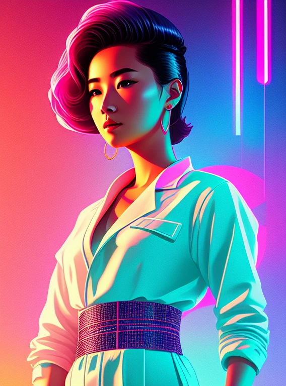 synthwave,  full body portrait of a beautiful young Mongolian lady, short hair, (sci-fi:1.2), masterpiece, intense shadows, ambient light, illustration, (thick outlines:1.2),