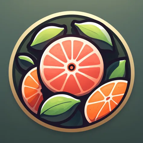 round logo, a grapefruit, pink, fruit, citrus, juicy, sour, round, fruit focus, gold border with green background, masterpiece, best quality, very aesthetic, absurdres <lora:RoundLogo_XL_E10R16:1>