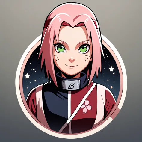 logotipo redondo, 1 chica, solo, (sakura haruno:1.1), from naruto, piel blanca, pelo corto rosa, traje ninja rojo y blanco, ojos verdes, diadema roja, borde blanco con fondo estrellado, obra maestra, mejor calidad, muy estetico, absurdos 