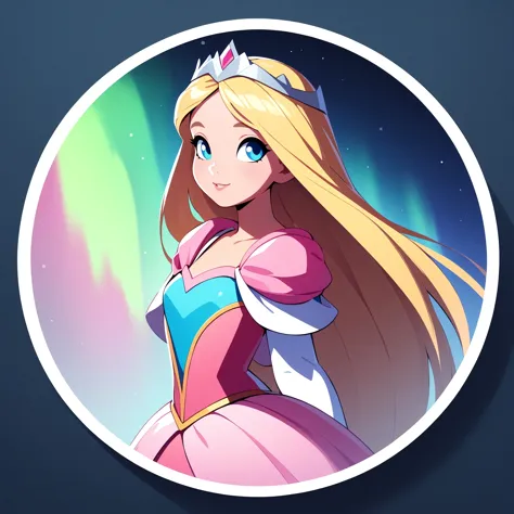 round logo, 1girl, solo, (aurora:1.1), from disney's sleeping beauty, pink and white, blonde hair, long hair, pink ball gown, tiara, shimmering, blue eyes, white border with blue background, masterpiece, best quality, very aesthetic, absurdres <lora:RoundLogo_XL_E10R16:1>