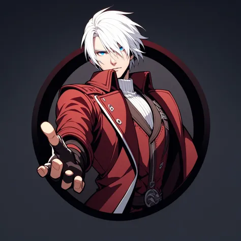 round logo, male focus, (dante:1.05), from devil may cry, red and white, white hair, short hair, blue eyes, red jacket, boots, fingerless gloves, black border with dark background, masterpiece, best quality, very aesthetic, absurdres <lora:RoundLogo_XL_E10R16:1>