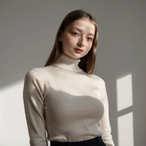 a woman in a white turtle neck sweater and black skirt