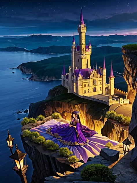 from above, beautiful sorceress lay in ornate purple dress standing on cliff, scenery, rocks, castle on distance, dark fantasy, ...