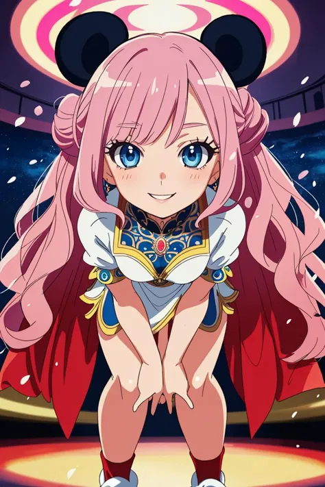 Portrait, Anime, cartoon 2D, 1girl, ((long knee length wavy pink hair in an updo)), striking blue eyes, bright smile, intricate ...