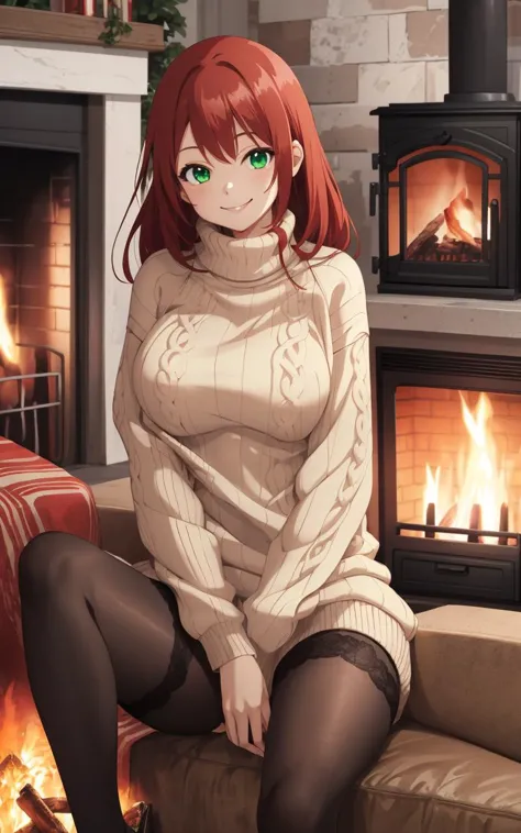 anime girl sitting on a couch in front of a fireplace