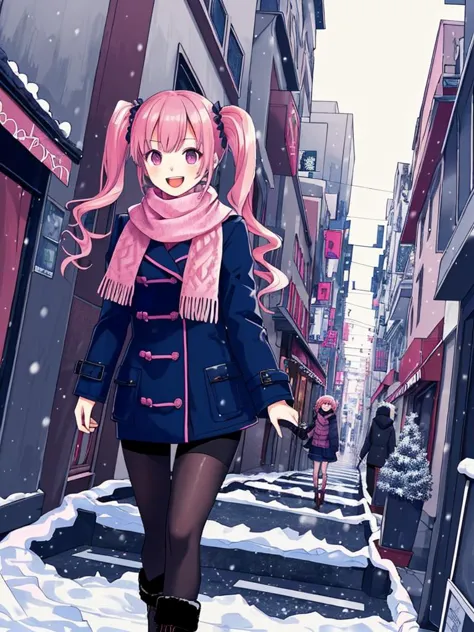 1girl, smiling face, open mouth, kawaii, pink hair, twintails, (Fashionable winter clothing:1.2), scarves, cyberpunk city, (dram...