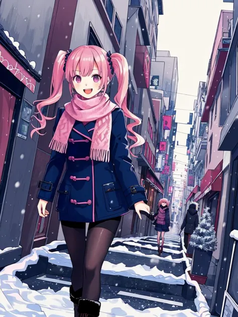 1girl, smiling face, open mouth, kawaii, pink hair, twintails, (Fashionable winter clothing:1.2), scarves, cyberpunk city, (dramatic angle, walking:1.3), dutch angle