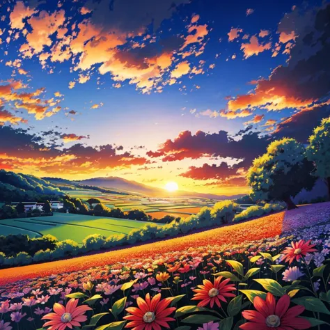ghibli, sunset, Flower field, no human, blue sky, cloud