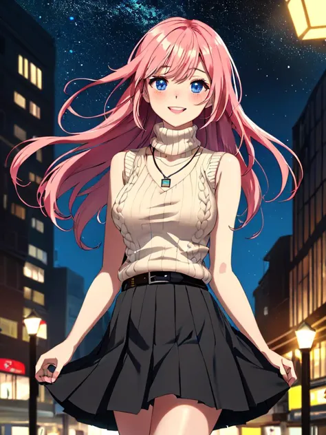 a woman with pink hair and a white shirt is standing in the street