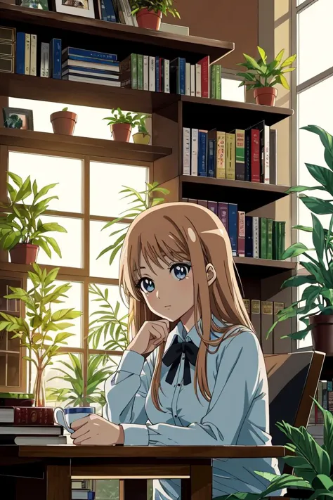 anime, candid of a woman working at a desk, big eyes, detailed face, dappled sunlight, open windows, tea cup, house plants, plan...