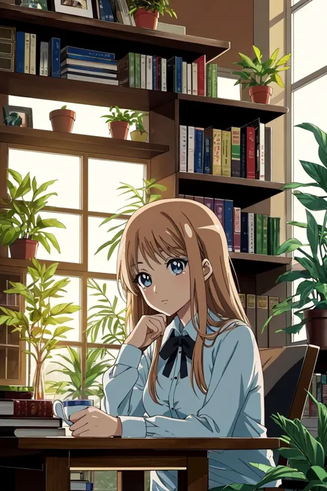 anime girl sitting at a table with a cup of coffee