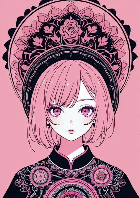 a girl with pink hair and a black dress and a pink hat