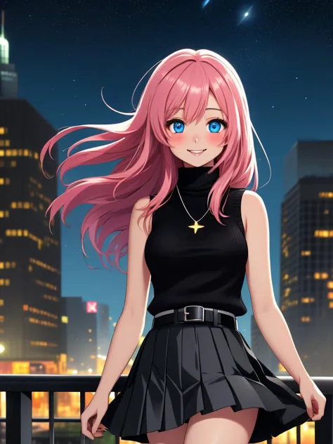 a woman with pink hair and blue eyes standing in front of a city