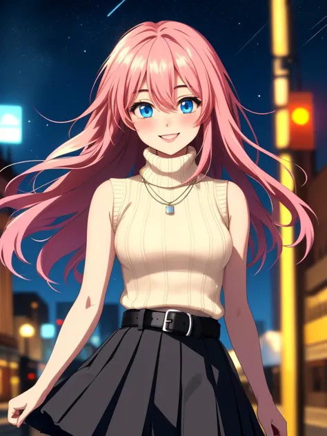 a woman with pink hair and blue eyes standing in the street