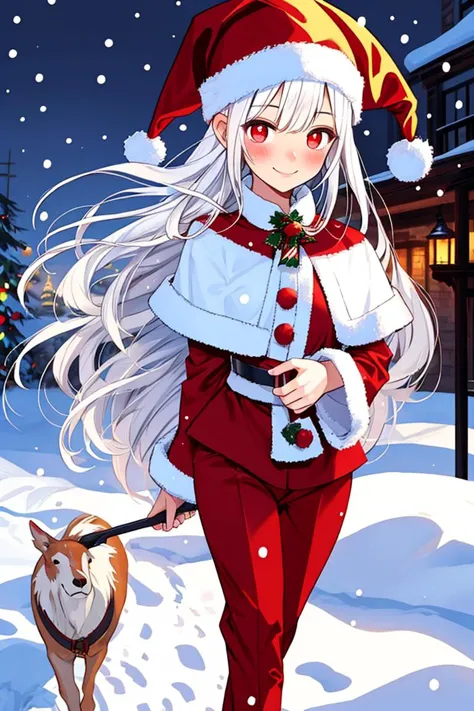 expressive eyes, perfect face, grimaldus, gir, white hair, red eyes, blush, smile, Santa's Costume, santa Suit, Walking in the snow
<lora:Furtastic_Detailer:0.8>
<lora:wrenchsfantasy:0.7> wrenchsfantasy, fantasy, glowing