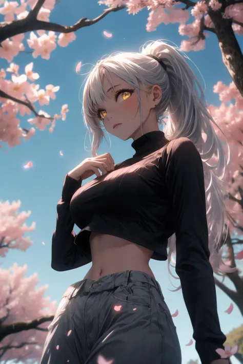 1girl, yellow eyes, long hair, ponytail, white hair, tree, standing, crop top, sky, cherry blossoms, city, looking at viewer, upper body, from below, looking down
<lora:Furtastic_Detailer:1>
<lora:beautiful detailed eyes:0.7> Style-DoF, Style-EMCG
<lora:midjourney_20230624181825:0.6> midjourney