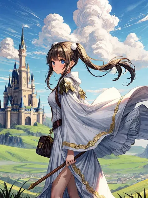 a woman in a white dress standing in front of a castle