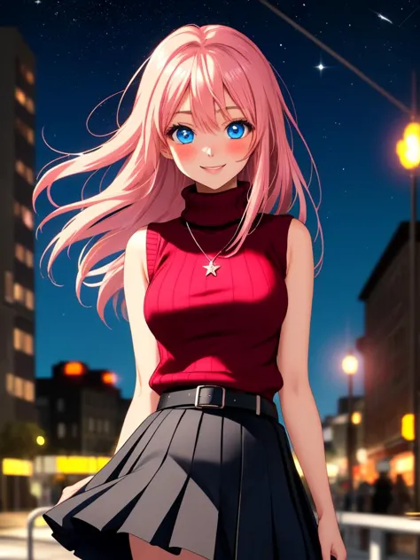 anime girl with pink hair and blue eyes standing in the street