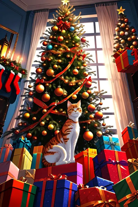 (Masterpiece:1.3), Vibrant colors, (best quality), (beautiful), (Dynamic Lighting), Ray tracing, detailed realism, stylized realism, (HD), (8k), HDR, illustration, (hyper resolution), (beautiful),((draw a really orange fluffy cat with a big majestic fluffy tail. He is being a naughty cat and trying to knock ornaments off of a Christmas tree. the Christmas tree is beautifully decorated in silver and blue ornaments and lights. the christmas tree is elegant)), [scenery, colorful, aesthetics], pastel colors, cute style, cute colors, thick_line_art, smooth_lines, watercolor, light_style,
 <lora:Furtastic_Detailer:0.8>
<lora:wrenchsfantasy:0.7> wrenchsfantasy, fantasy, glowing