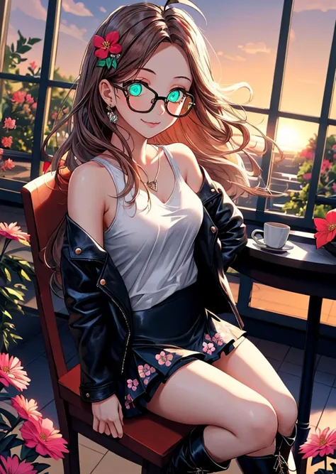 anime girl sitting on a chair with a cup of coffee