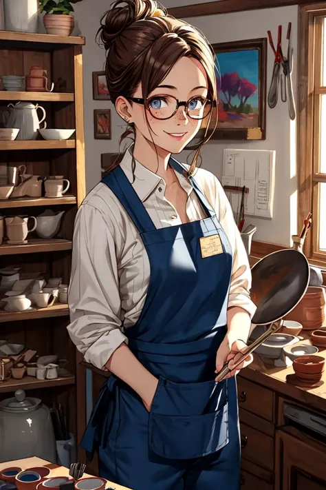 anime girl in apron and glasses holding a frying pan in a kitchen