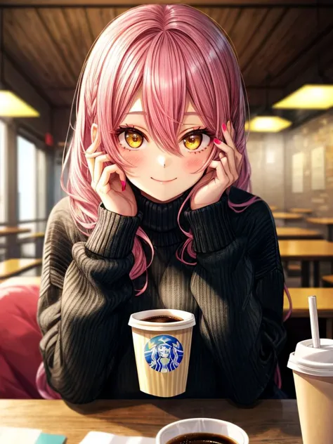 1girl, solo, pink hair, cup, looking at viewer, long hair, holding, sweater, disposable cup, hair between eyes, eyelashes, coffe...