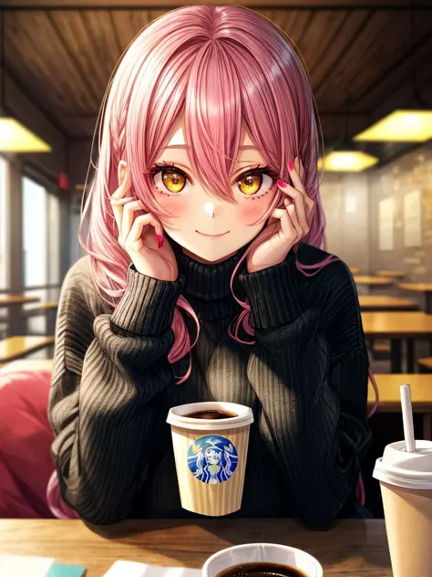 anime girl with pink hair and glasses sitting at a table with a cup of coffee