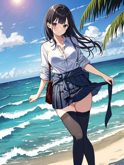 anime girl walking on the beach with a tie around her waist