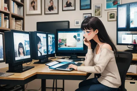 there is a woman sitting at a desk with three computer monitors