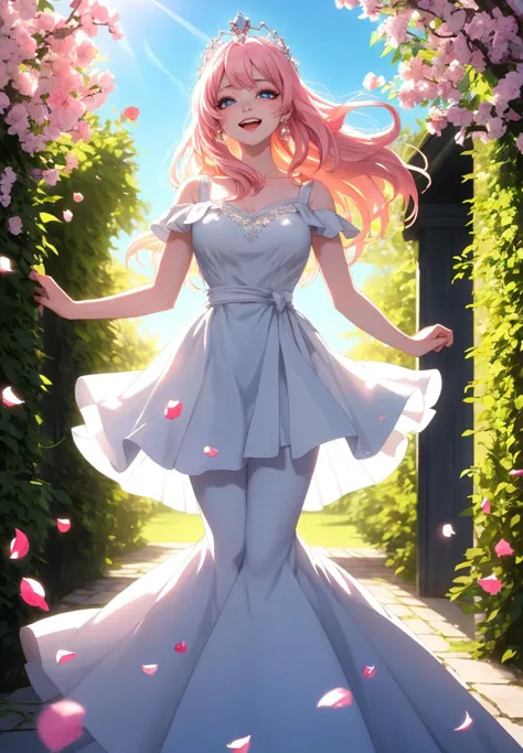 (Ultra-HD-details, discreet, emphasized-details, life-size-body, cutesie)
In daylight's embrace, 'neath the sun's warm glow
A princess with hair like pink petals in flow.
Eyes of deep blue, a sky's serene hue
In her white dress, she dances anew.
A kingdom's joy, in her smile resides
Through gardens and halls, where laughter abides.
Her spirit, a beacon of light and of pride
In her, the essence of grace is implied.