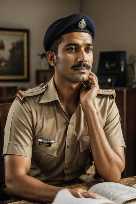 a man in uniform sitting at a table with a book and a cell phone