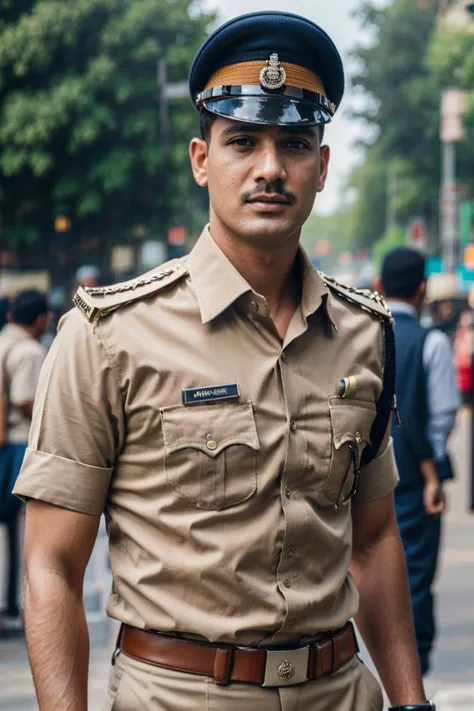 araffe dressed in uniform standing on a busy street in india