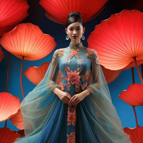 masterpiece,best quality,whole body,lotus,<lora:hehua5:0.8>,girl,smile,detailed face,dynamic floating hair,wearing a cheongsam,gradient,translucent costumes,morandi color,rich color,
