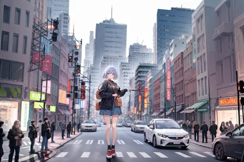 there is a woman standing on a street corner with a guitar